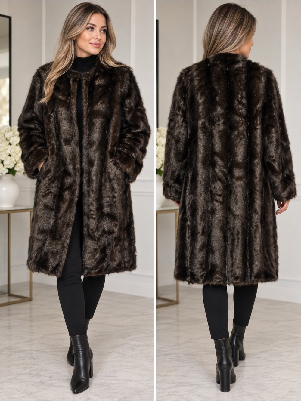 H&M Dark Brown Faux Fur Long Peacoat Sz XS/S NWT